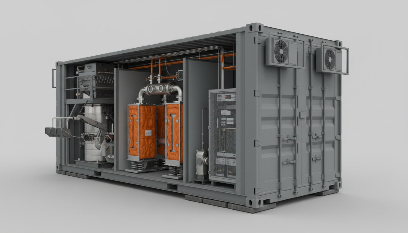 eCOA's modular Fischer-Tropsch refinery housed in a shipping container, showing reactors, heat exchangers, control panels, and cooling fans